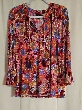JM Collection Burgundy Multicolor Floral V-Neck Tunic